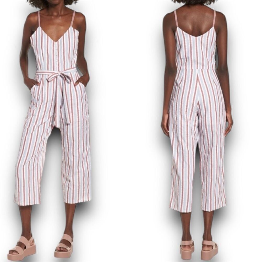 BP. Wide Leg Cropped Palazzo Pant Jumpsuit Striped Side Zip Tie Waist Women’s L